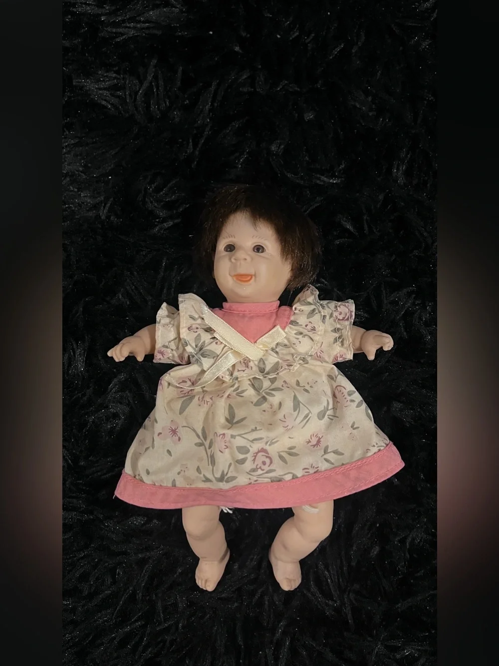Vintage Floral Baby Doll in Pink Dress - Soft Play Toy